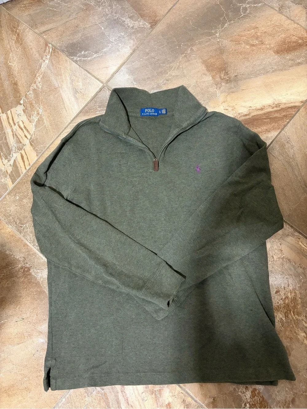 Polo by Ralph Lauren Olive Green Half-Zip Sweater with Purple Pony